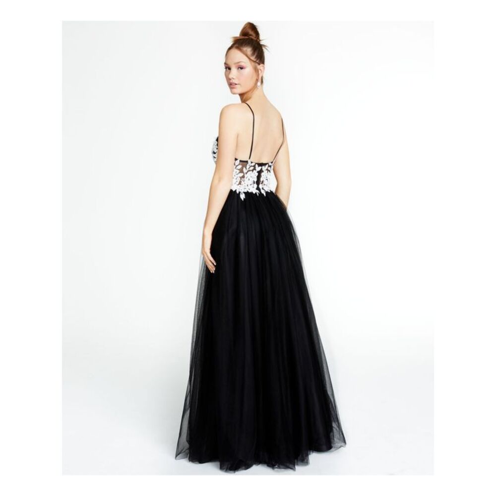 BLONDIE NITES Womens Black Mesh Floral-applique Gown Spaghetti Strap Dress 3 - Picture 2 of 5